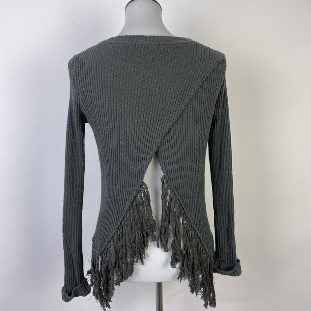 Eri + Ali Anthropologie M Ribbed Split Back Fringe LS Green Sweater Scoop Neck